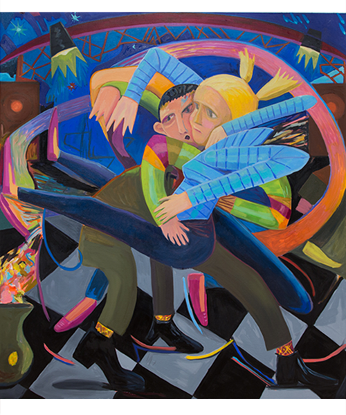   Learning to Dance,  2019 Oil on linen 54” x 48”  Two people, one of high anxiety, the other curious and open, meet to dance for the first time under a bandshell. Arms and legs swirl about in ineptitude and clumsiness. An allegory about the beginnin