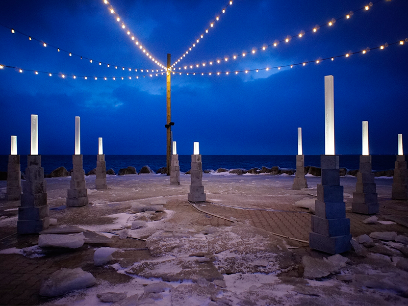   The Faraway Nearby , 2018   Ontario Place Winter Lights Festival Concrete, plywood, plexiglass Dimensions variable 