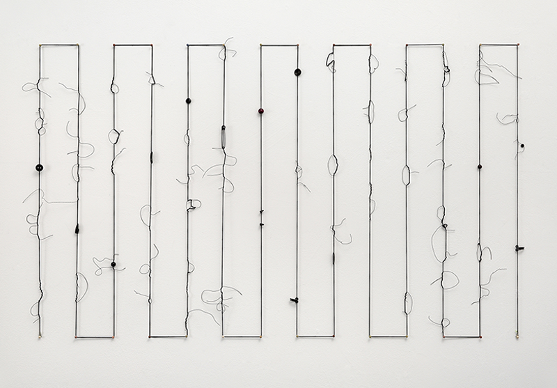   Timeline 2 , 2017 Mixed Media, elastic cord, wire 49” x 24” x ½” (dimensions may vary) 