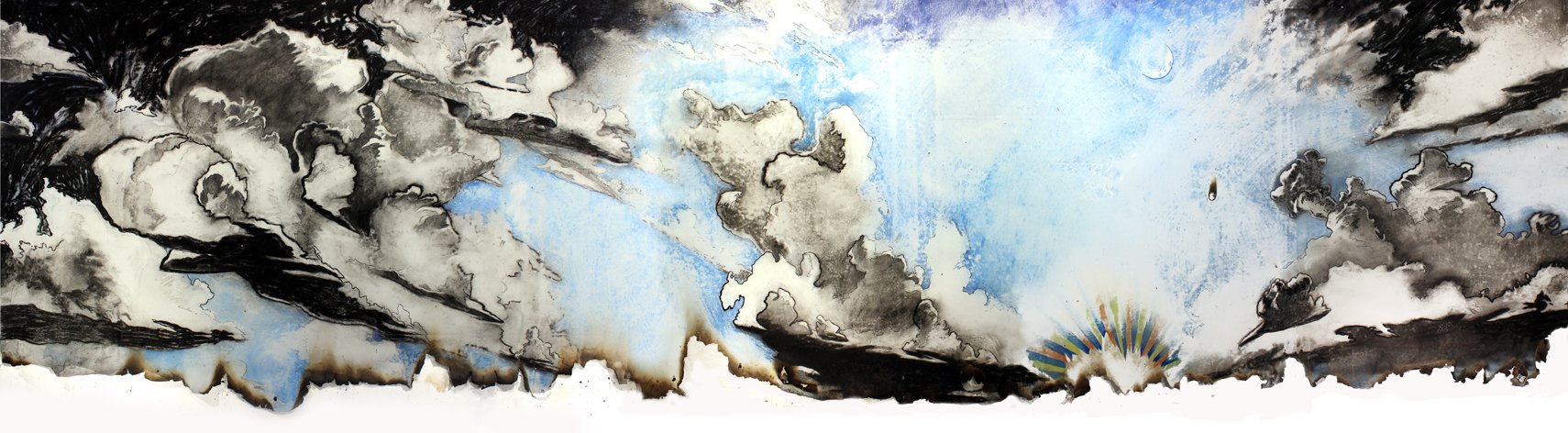 Cloud 1 studio installation, charcoal, carbon &amp; coloured pencil, on abused paper, 2023
