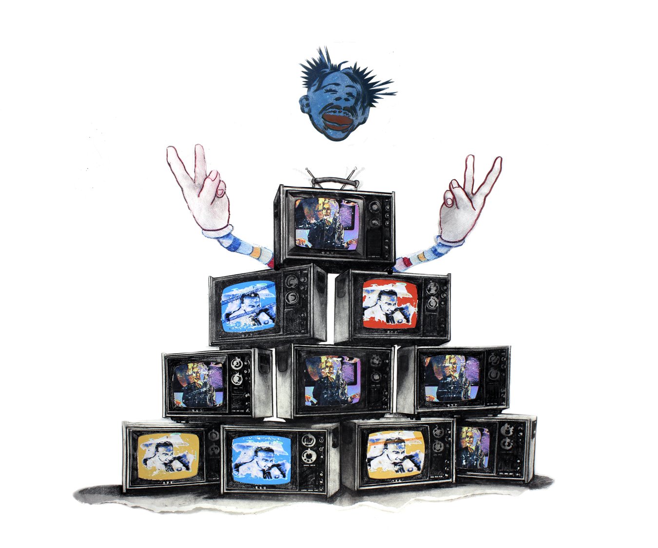 TV stack with blue head, charcoal, carbon &amp; coloured pencil, spray paint through hand cut stencils, digitally manipulated imagery on abused paper. Approx. 36” x 36”. 2023