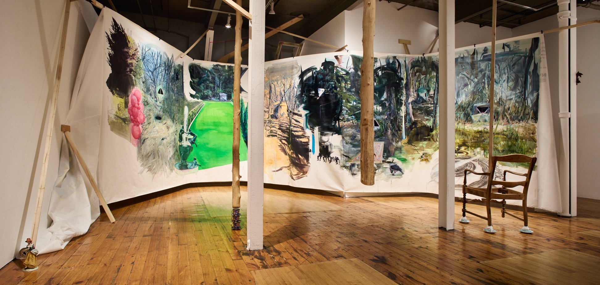   Gillian Iles,“the one-eyed man is king” installation, 180 x 180”, oil, acrylic and pastel on housewrap, 2024  