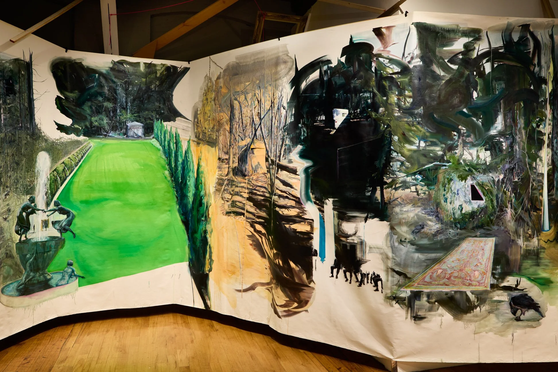   Gillian Iles,“the one-eyed man is king” installation, 180 x 180”, oil, acrylic and pastel on housewrap, 2024  