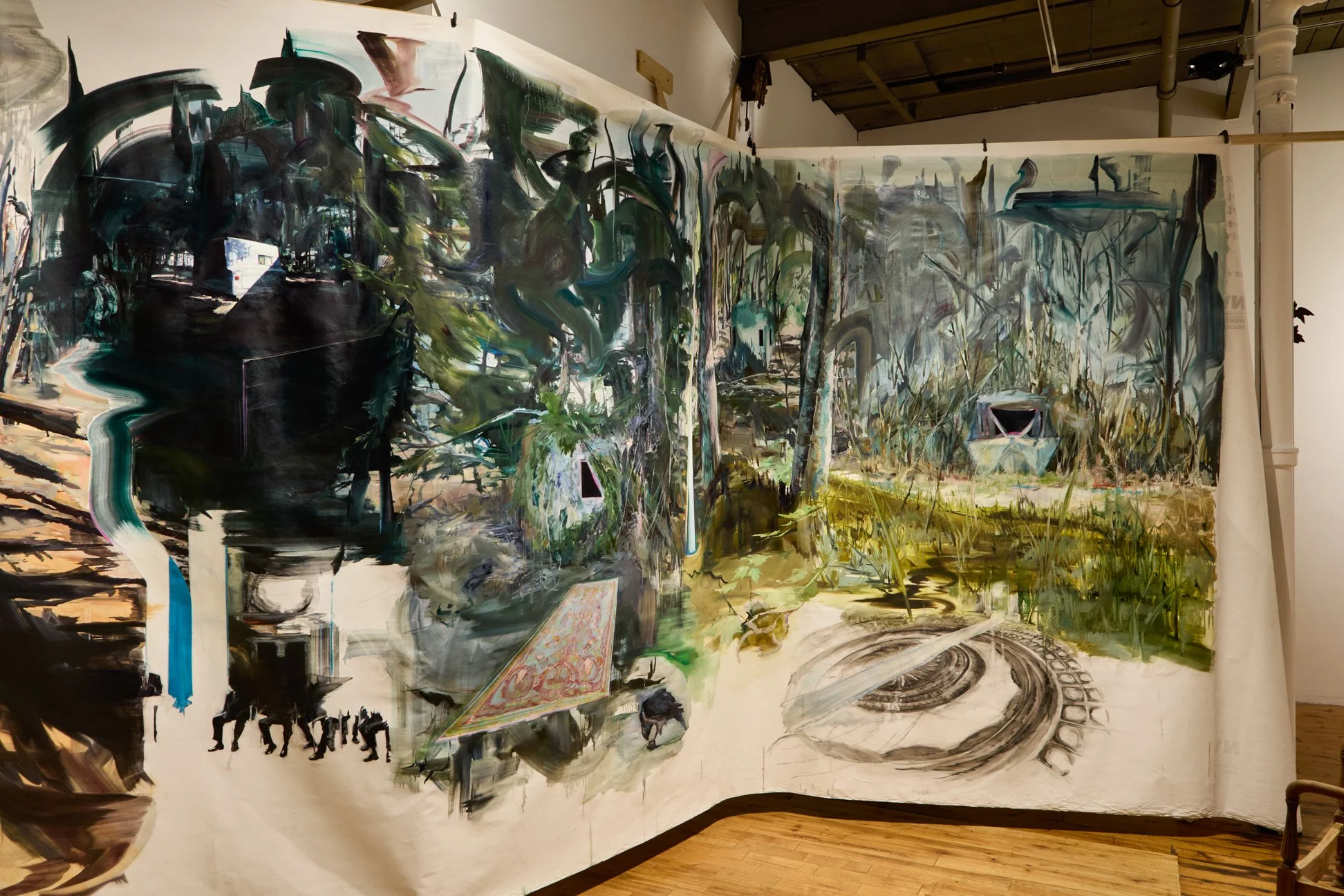   Gillian Iles,“the one-eyed man is king” installation, 180 x 180”, oil, acrylic and pastel on housewrap, 2024  