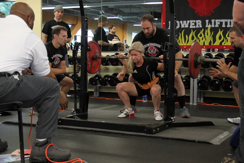 Susan with a 82.5 kilo (181 pound) second attempt squat. Susan was a 52 kilo lifter at this meet. 