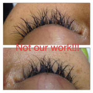 Poorly applied lashes from another salon...painful, clumpy and twisted!