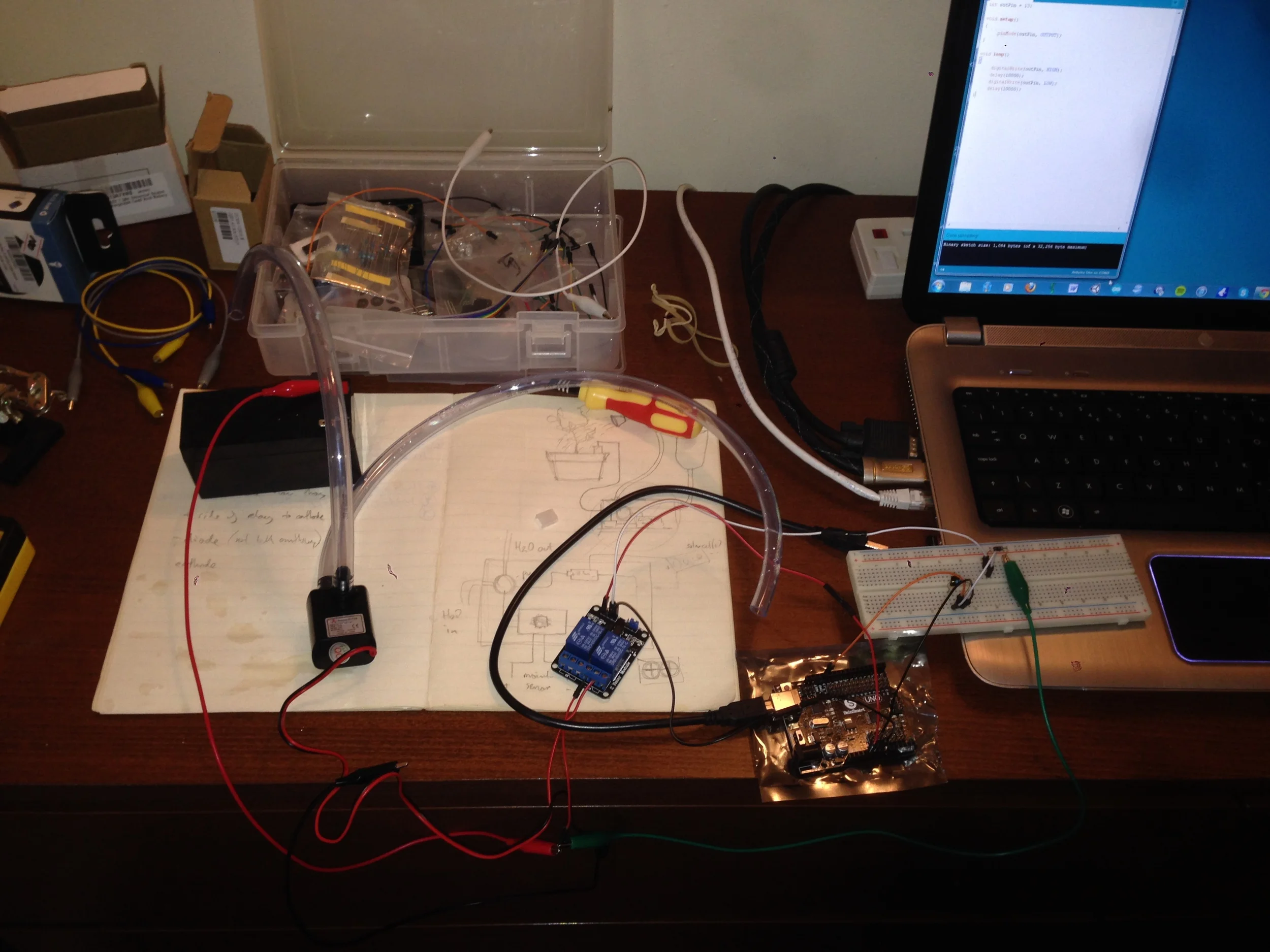  UPDATE:  So, major breakthrough today. Have successfully wired a relay to the Arduino to trigger the pump. Need to use a relay as the pump runs on 12V and the Arduino only on 5V or 3,5V. So have hooked up a 12V battery to the relay and pump and its 