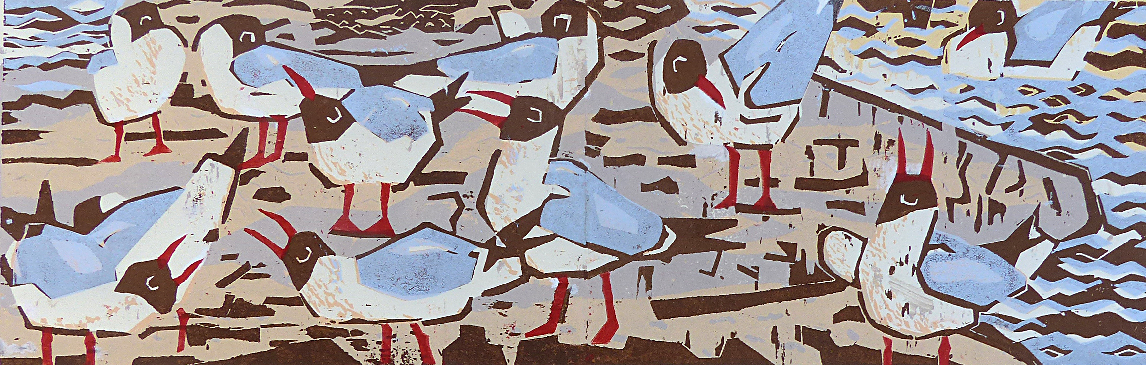   Black headed gulls - Elmley Marshes.   Woodcut. Edition of 20 