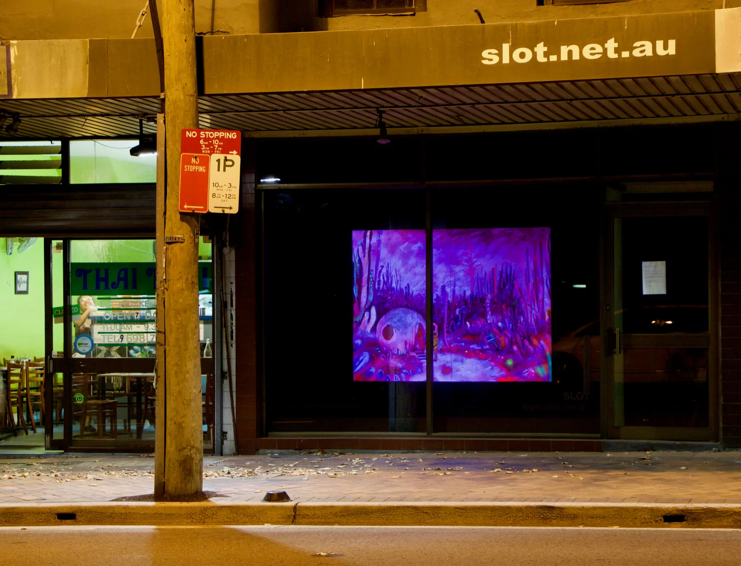 #otherworlds, 2017, ultraviolet light, posca pen, acrylic, fluorescent and aerosol paint on board, 1.5 x 2m, installation view