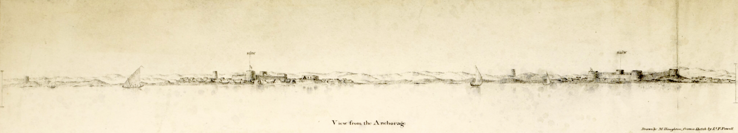 Al-Biddah (seinare Doha) sett frå kysten i 1823. ( Qatar Digital Library )