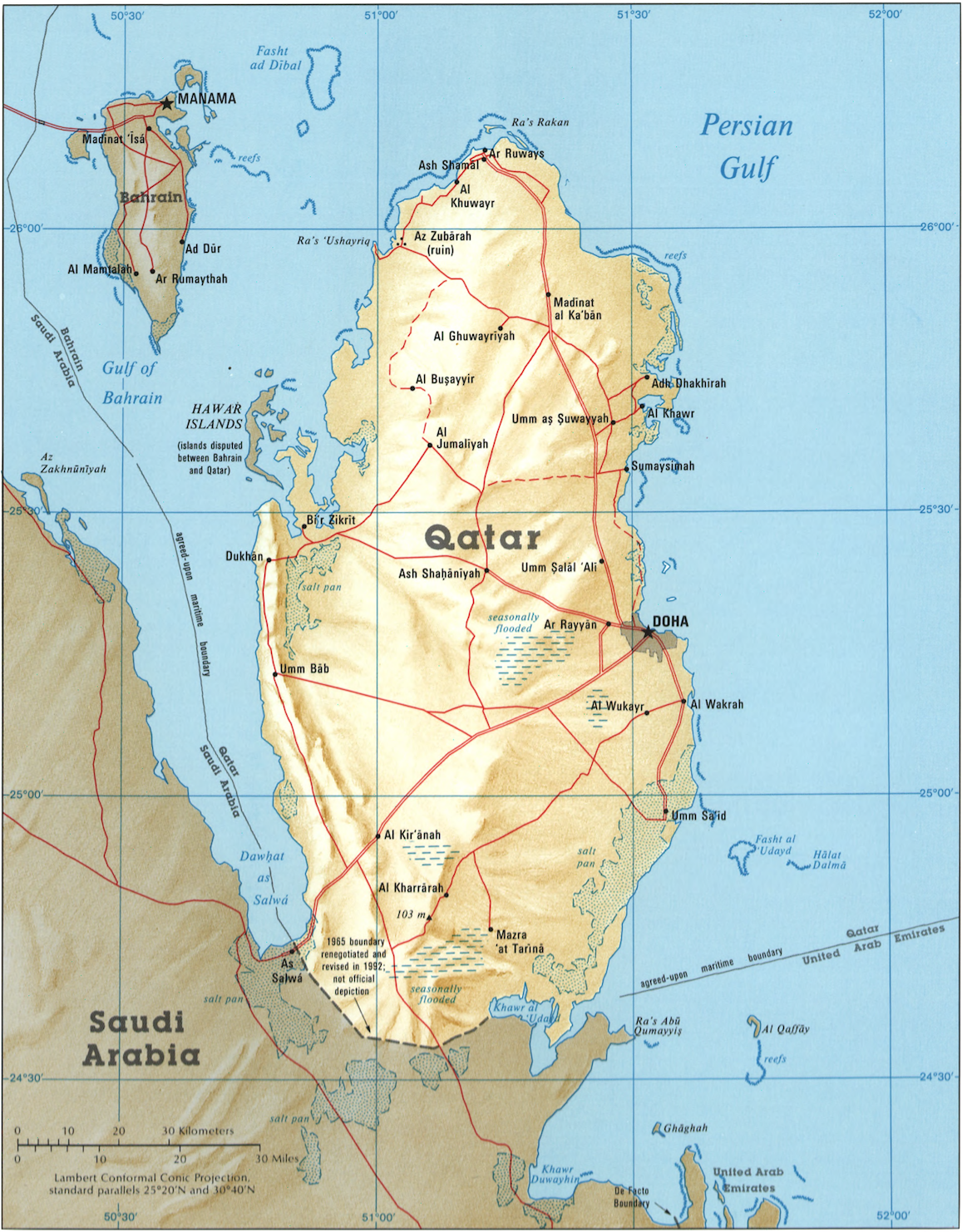Qatar og Bahrain i 1995. Då var framleis ikkje disputten om Hawar-øyane eller grensa mot Saudi-Arabia løyst. (Kart: Library of Congress )