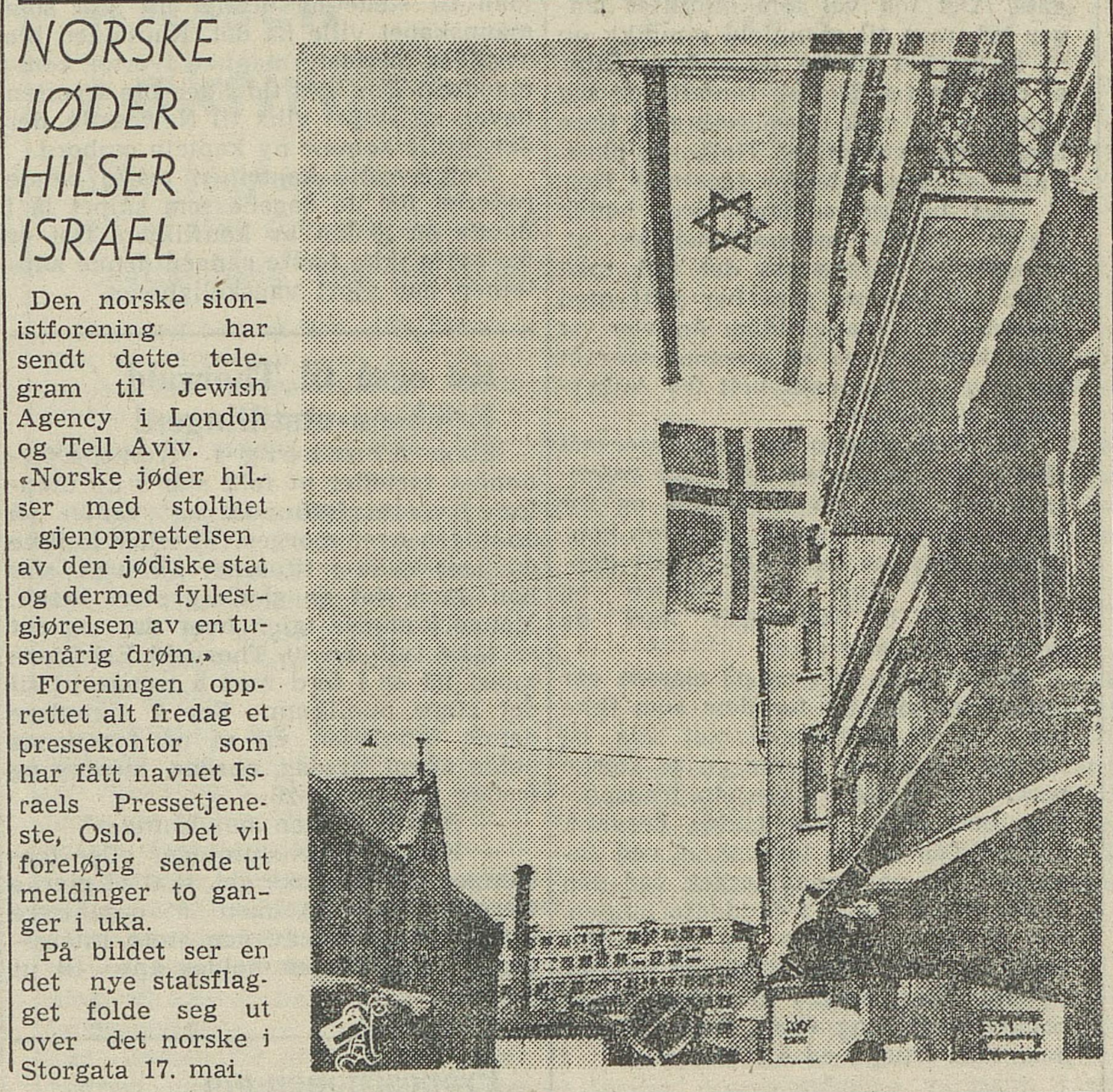 Arbeiderbladet viser det jødiske flagget vaie på 17. mai i Oslo utanfor Den norske sionistforening, (18. mai 1948)