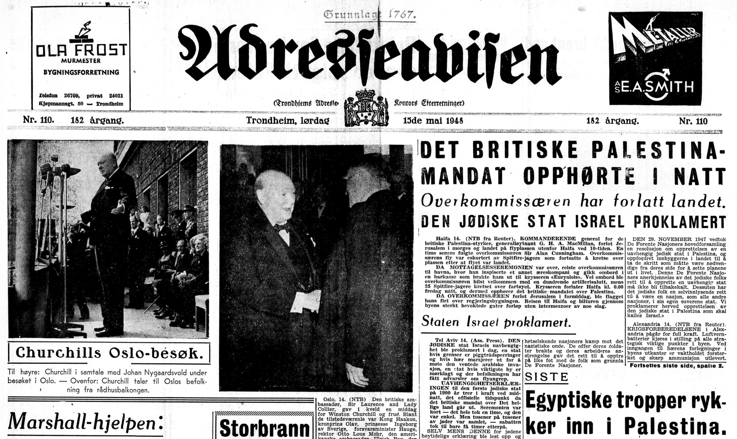 Adresseavisen fokuserte på Winston Churchill sitt Oslo-besøk og Israel 15. mai 1948