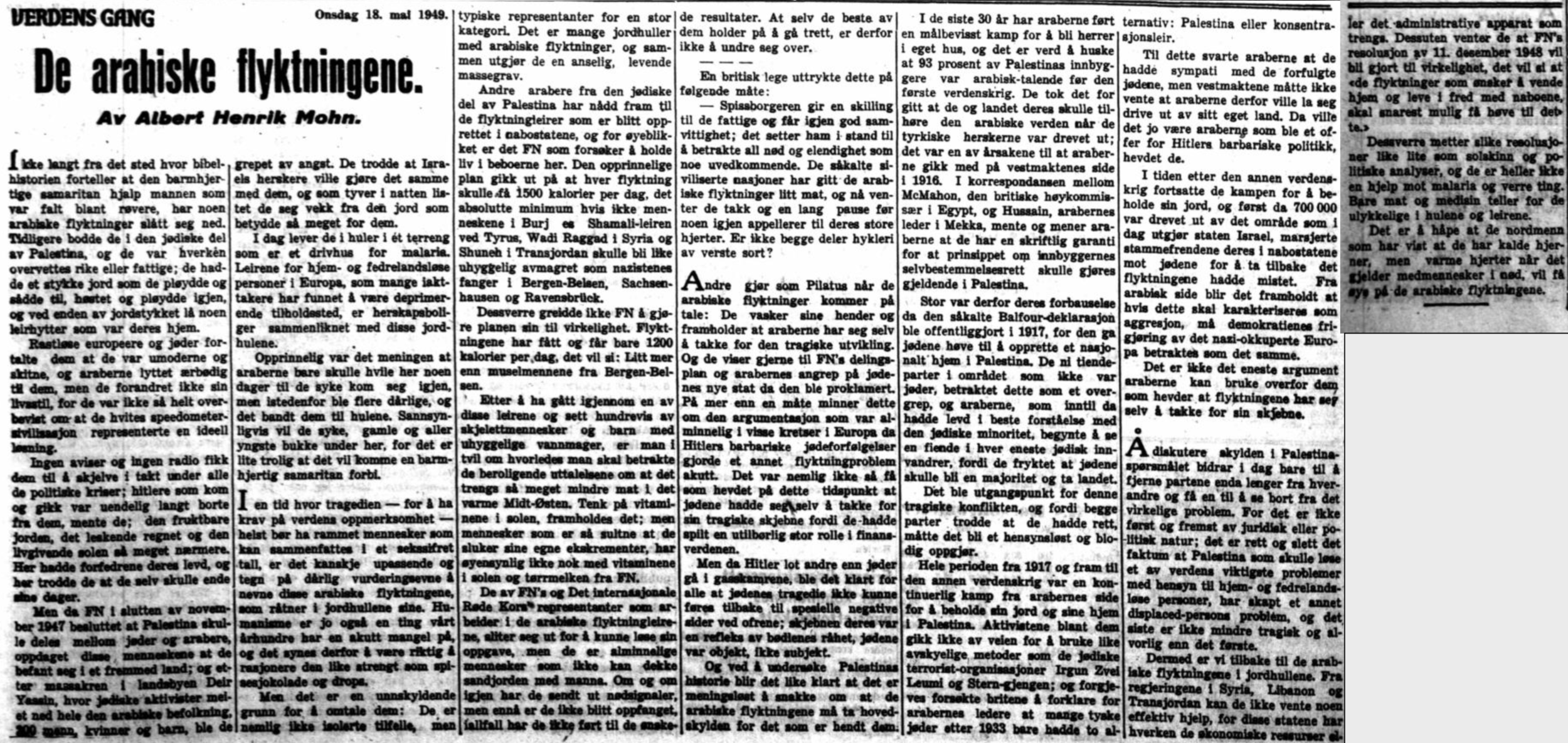 Albert Henrik Mohn om dei flyktningane i VG 18. mai 1949.