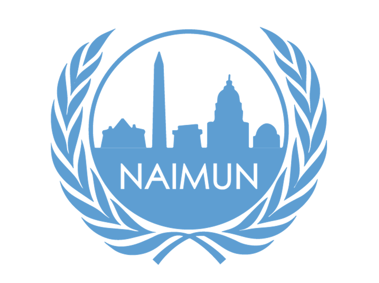 United Nations emblem with skyline of Washington, D.C., including the Washington Monument and Capitol, and the word 'NAIMUN' at the bottom.