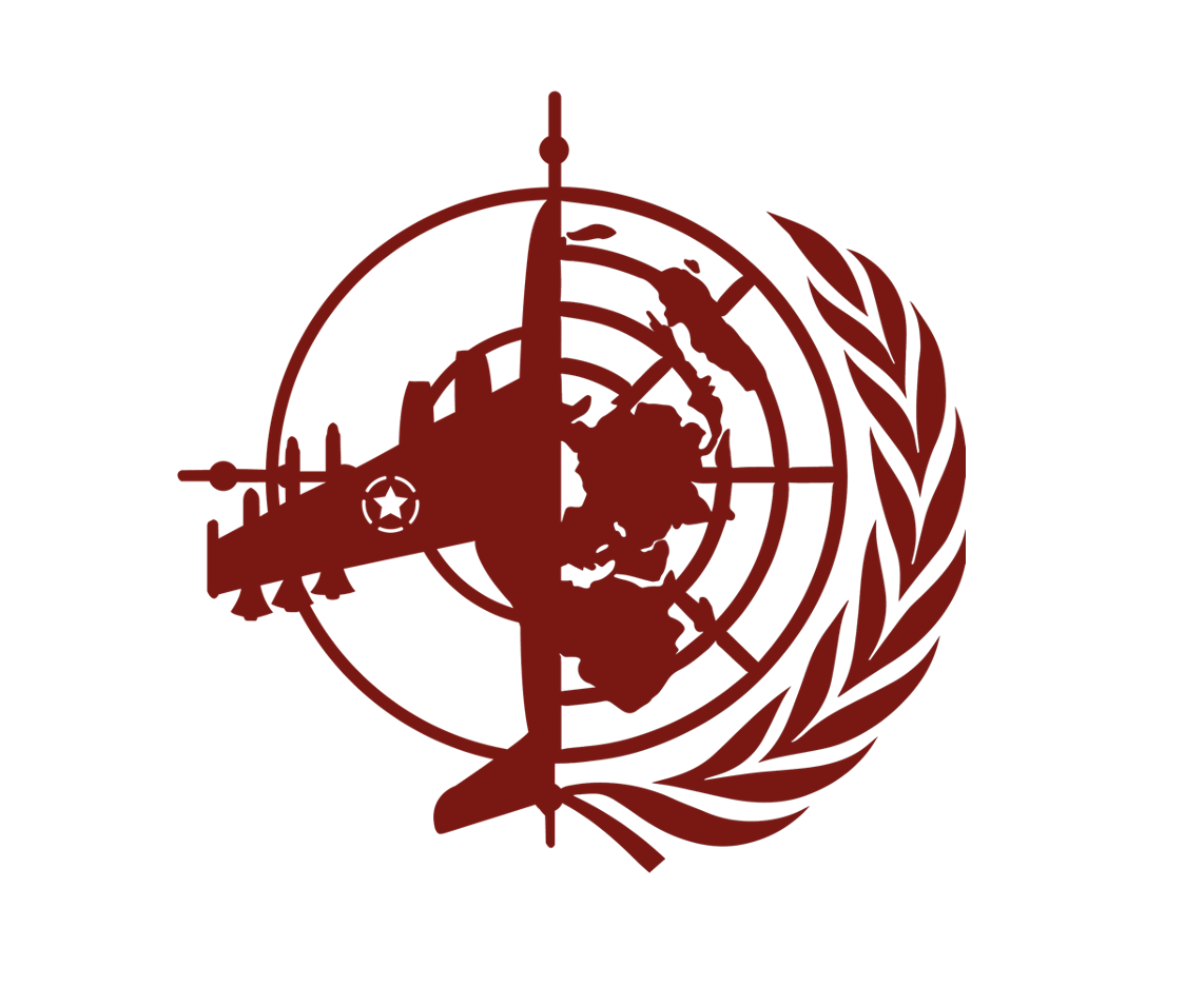 United Nations emblem with a fighter jet silhouette superimposed on the globe, in maroon color.