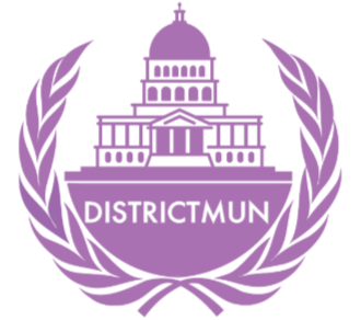 Illustration of a government building with a dome, surrounded by laurel branches, and the word 'Districtm Un' beneath it in purple.