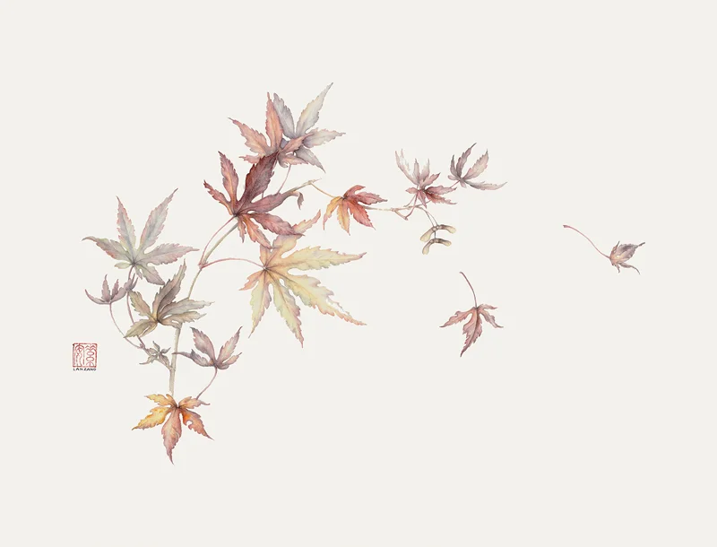 Falling Leaves Watercolor on sized rice paper, 13.5” x 20”