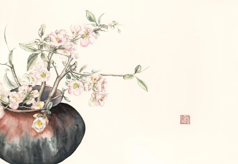 Quince Branches in a Raku Vase Watercolor on 140-lb. cold-pressed Arches, 13” x 19”