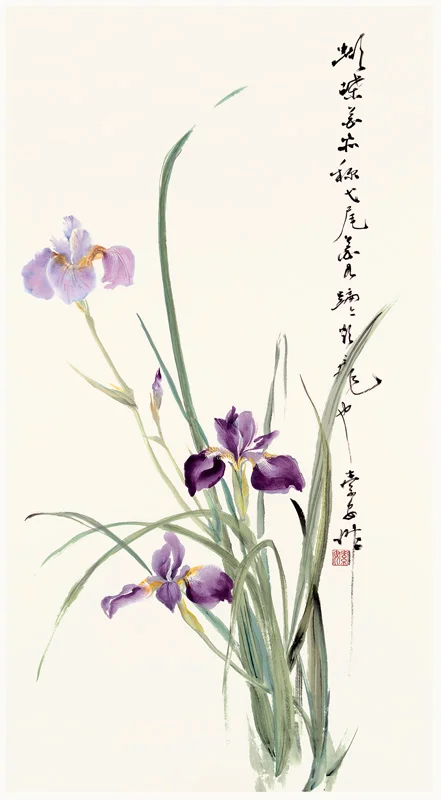 Three Irises and a Bud Chinese ink and watercolor on raw rice paper, 35” x 19”