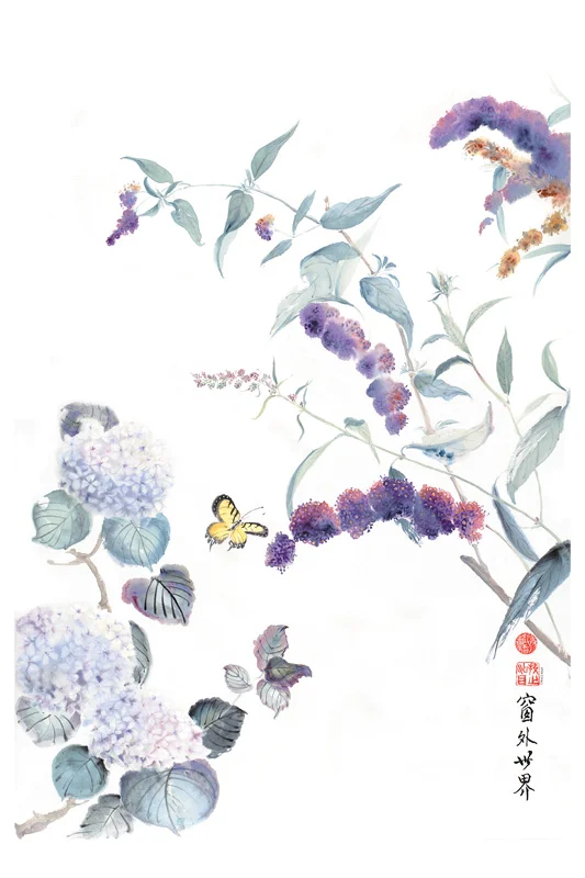 The World
Through My Window Chinese ink and watercolor on raw rice paper, 27” x 18”