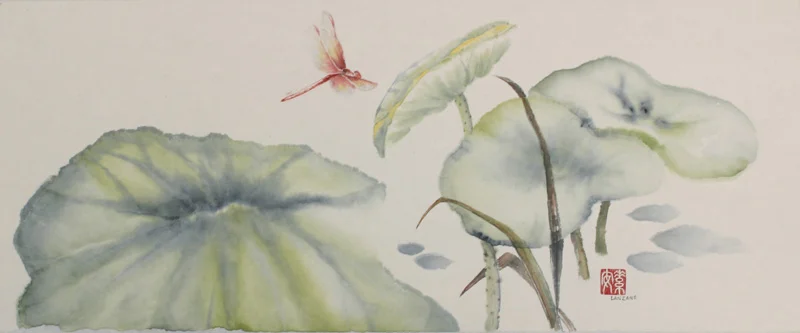 Dragonfly on
Lotus Pond Chinese ink and watercolor on raw rice paper, 7.5” x 18.5”