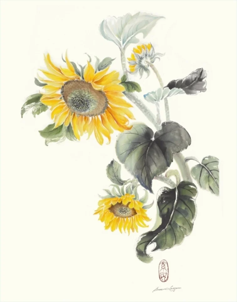 Sunflowers Chinese ink and watercolor on raw rice paper, 21.5" x 15”