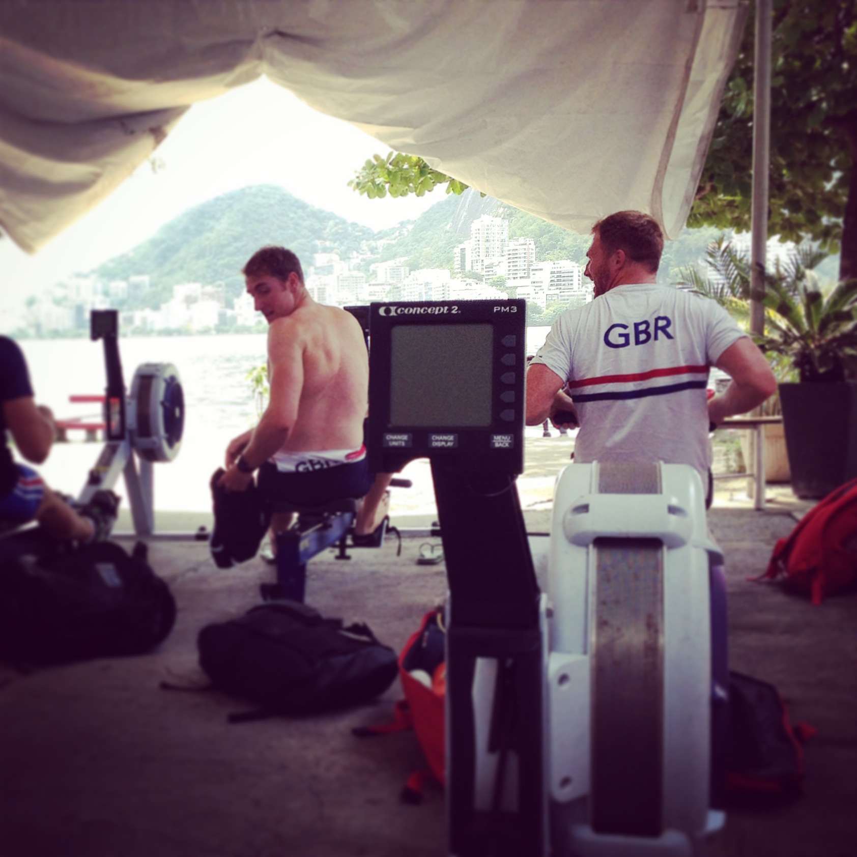 George Nash and Will Satch preparing for a session on the ergo while looking out over the Lagoa.