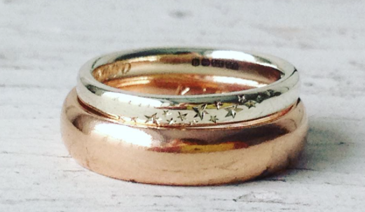 star engraved wedding ring and red gold mens wedding band made by a couple at the Quarterworkshop