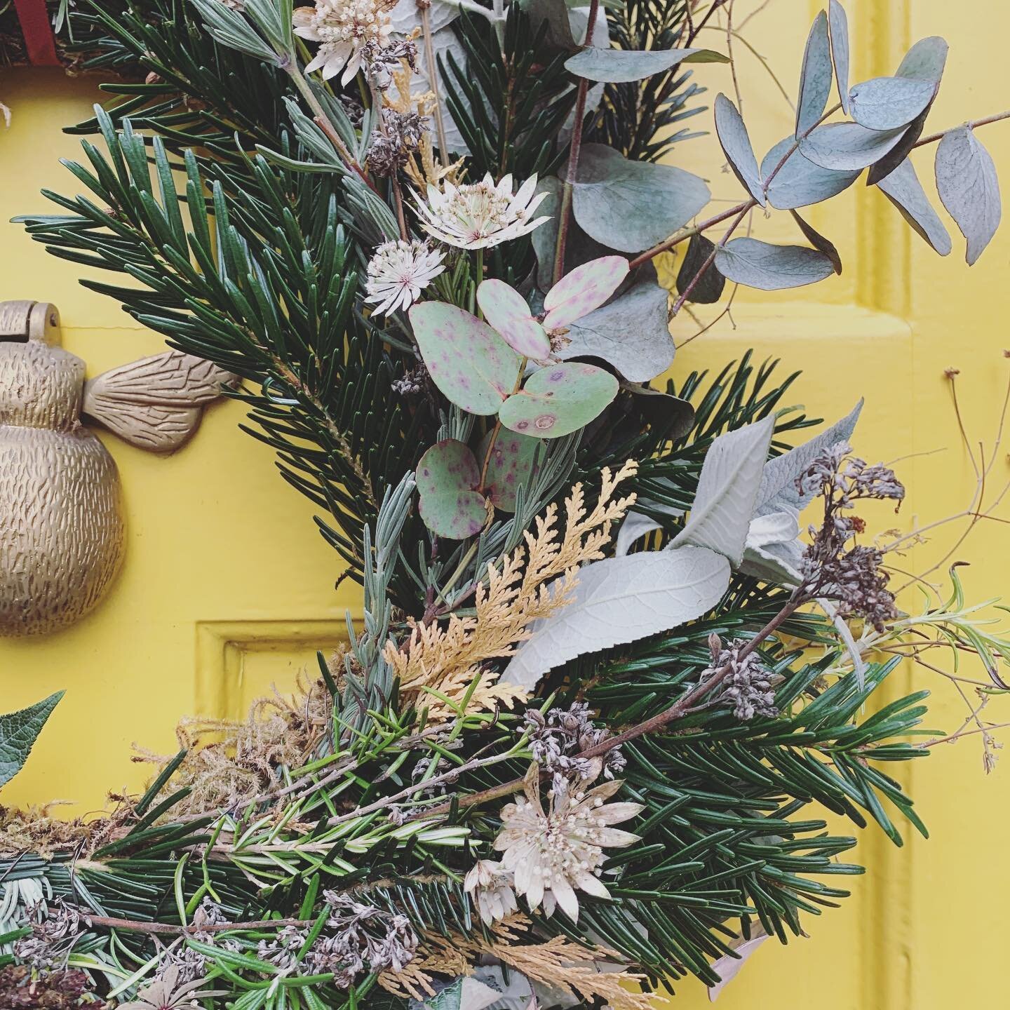 Ingredients for a Christmas wreath
 Last years dried out wreath
 Bits from the garden including 
Lavender, eucalyptus, hattie's pincushion ( Astrantia) &amp; rosemary 
A few stolen branches from the Christmas tree 
A naughty cat 
A cup of tea &amp; a