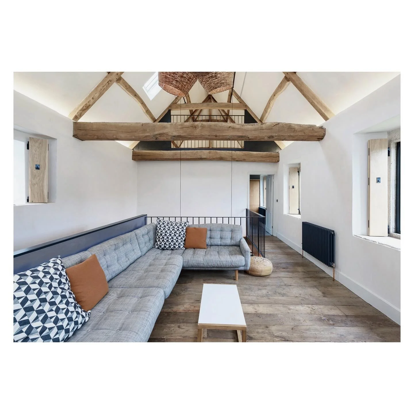 | Wiltshire Coach House

The sitting area of the reimagined coach house is relocated to the first floor so that it could benefit from the extra volume and character of the newly exposed roof. 

This space connects to the kitchen and reception space b
