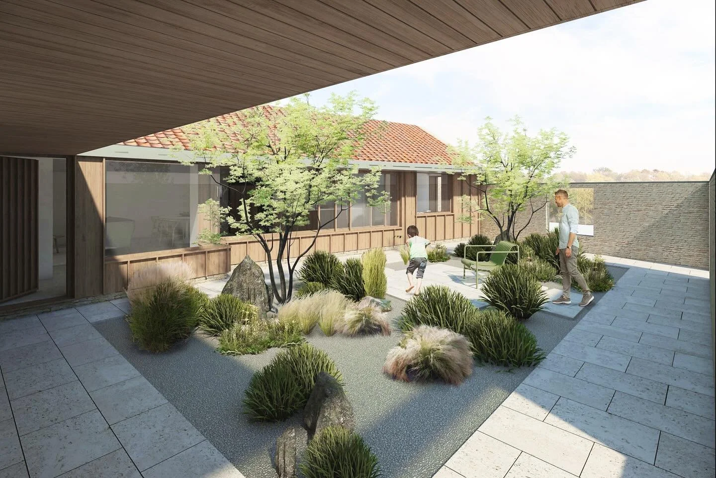 Transforming an underused garage into a contemporary family annexe.

Our proposal reimagines the space with a secluded courtyard garden, created by a new enclosing wall where the driveway once was. An extended canopy gently connects the annexe to the