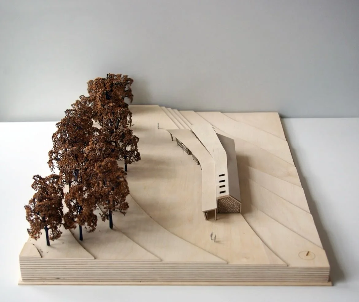 Our concept model for a new visitor hub for the Woodland Trust near Epsom. 

Conceived as a fallen tree within the landscape, the proposal creates a rich micro-habitat that blurs the boundary between building and woodland. 

The structure is designed