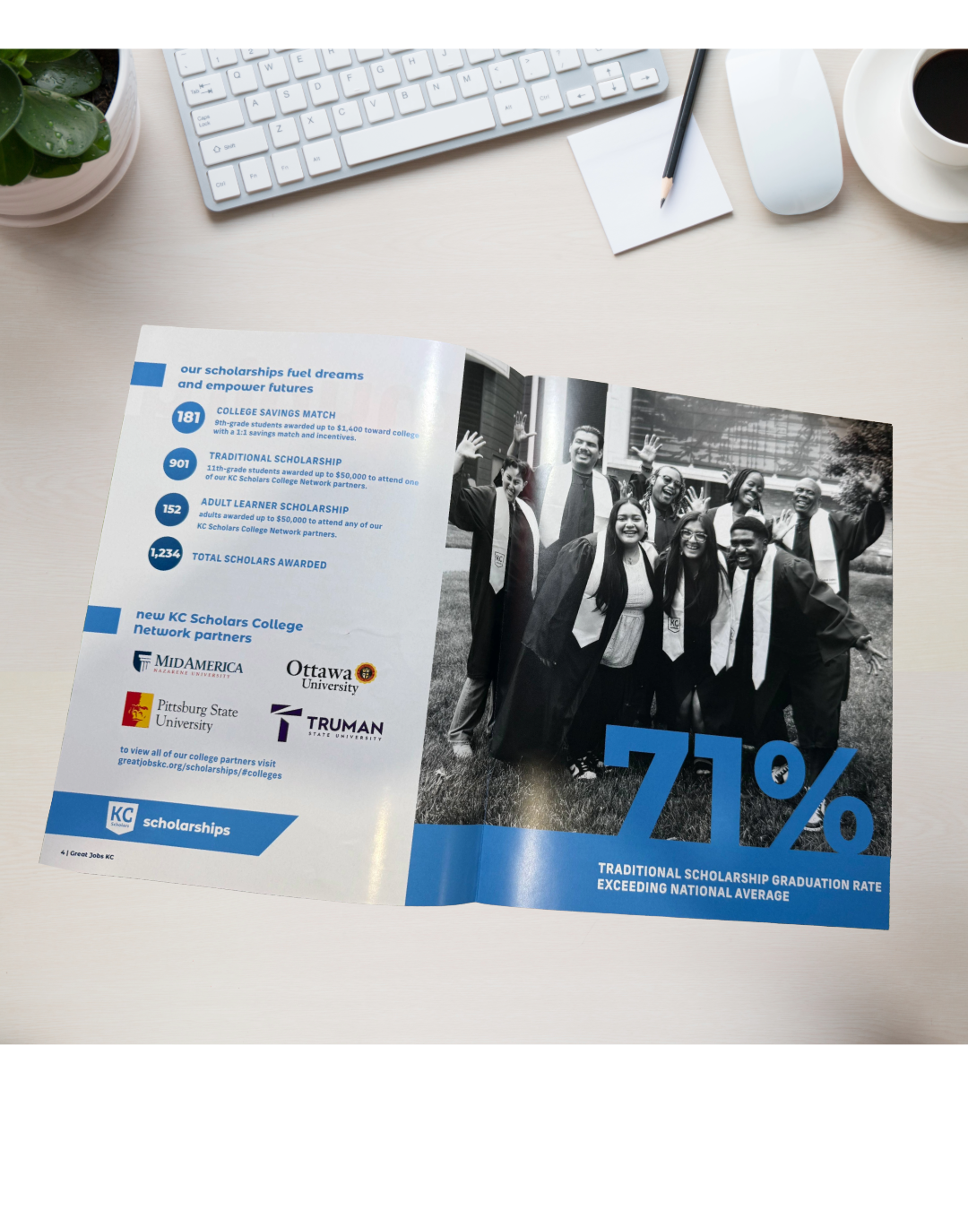  Someone has only 30 seconds to flip through this annual report.   With large stats, large images of our programs in action, COB’d individuals featured with their stories, accompanied with large theme words for each section, someone  can instantly ge