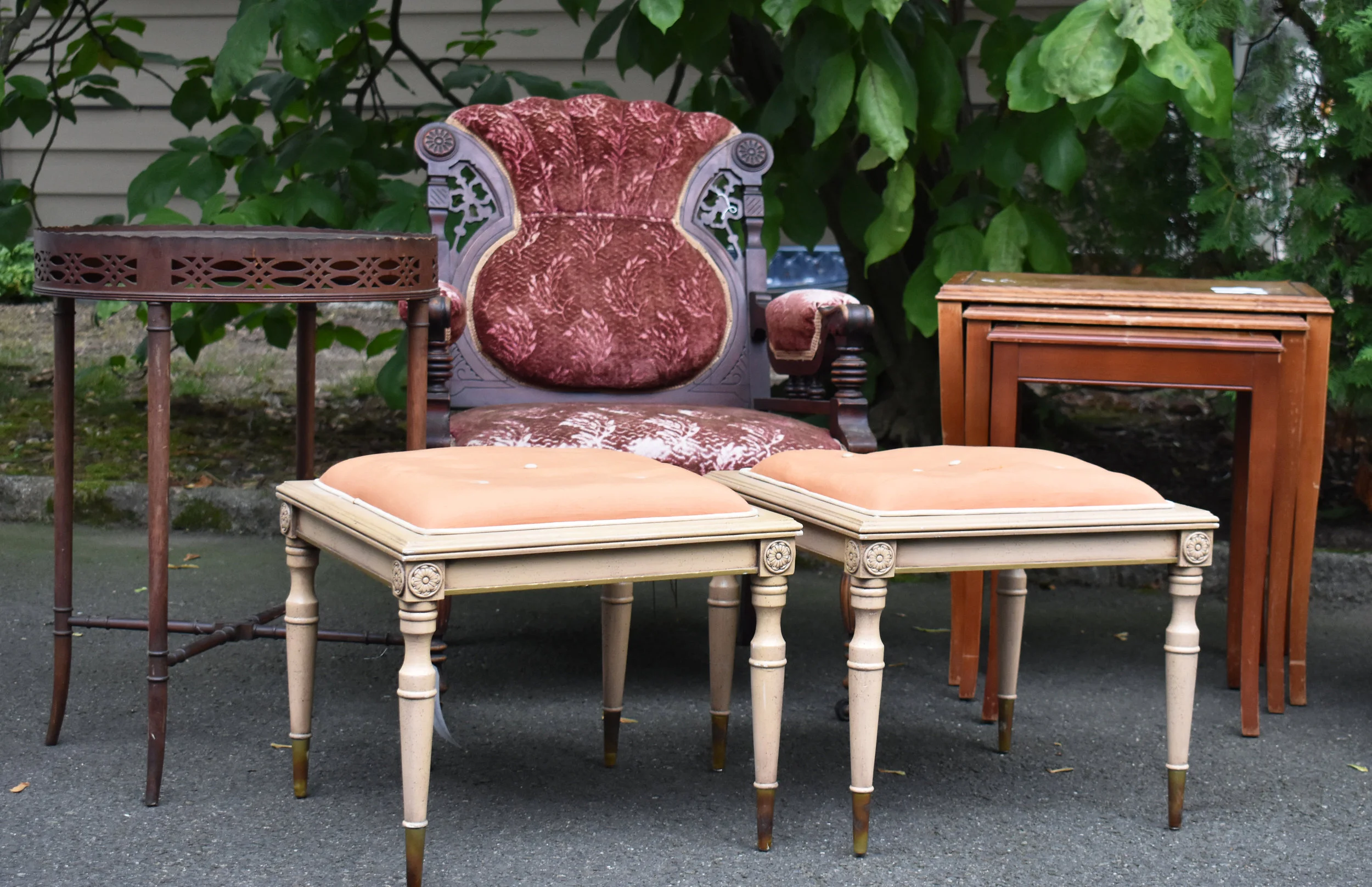 Some of the great finds from Brimfield antiques market (July 2017). Actually, the big chair is from Searsport, Maine.