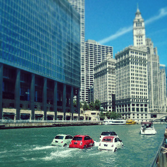 Fish Out Of Water: A Fleet of Fiat Cars Cruise The Chicago River