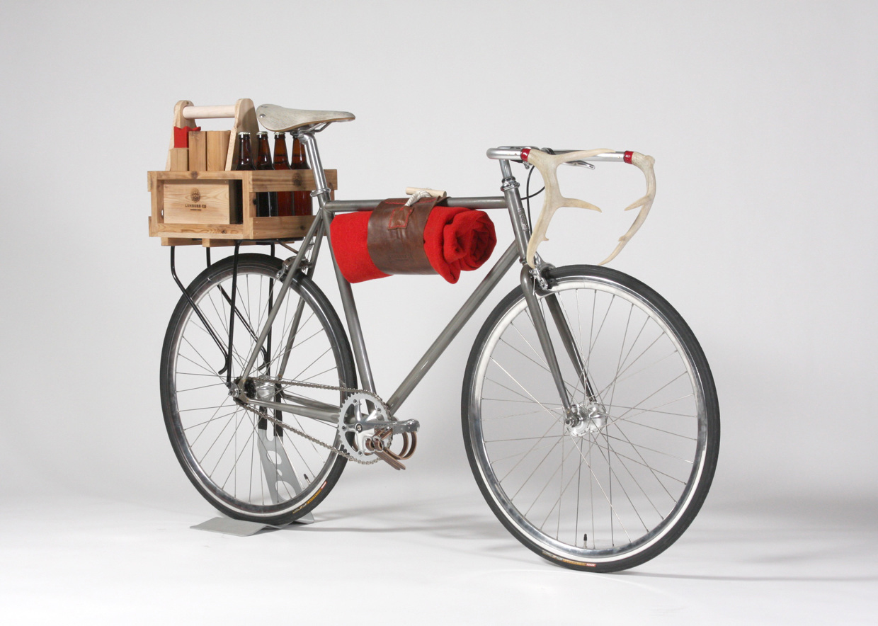  Lumburr Co Bicycle with six-pack holder, crate and antler handlebars 