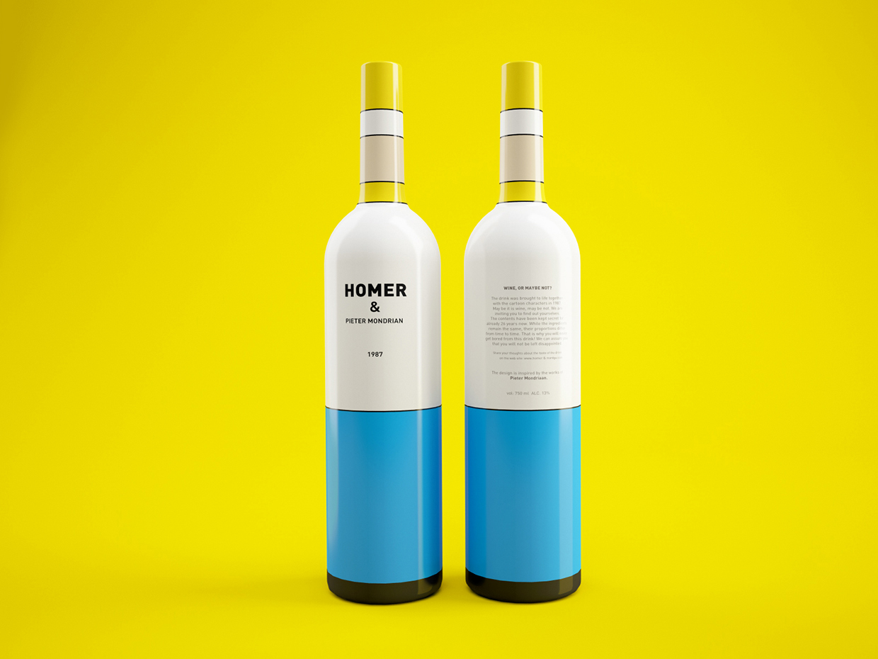  Homer Simpson and Pietre Mondrian inspired wine bottles designed by Constantin Bolimond 