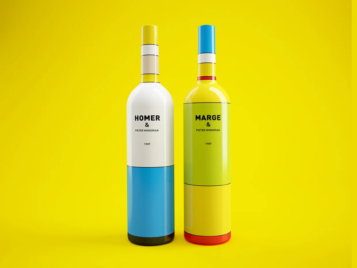 Homer Simpson and Pietre Mondrian inspired wine bottles designed by Constantin Bolimond 