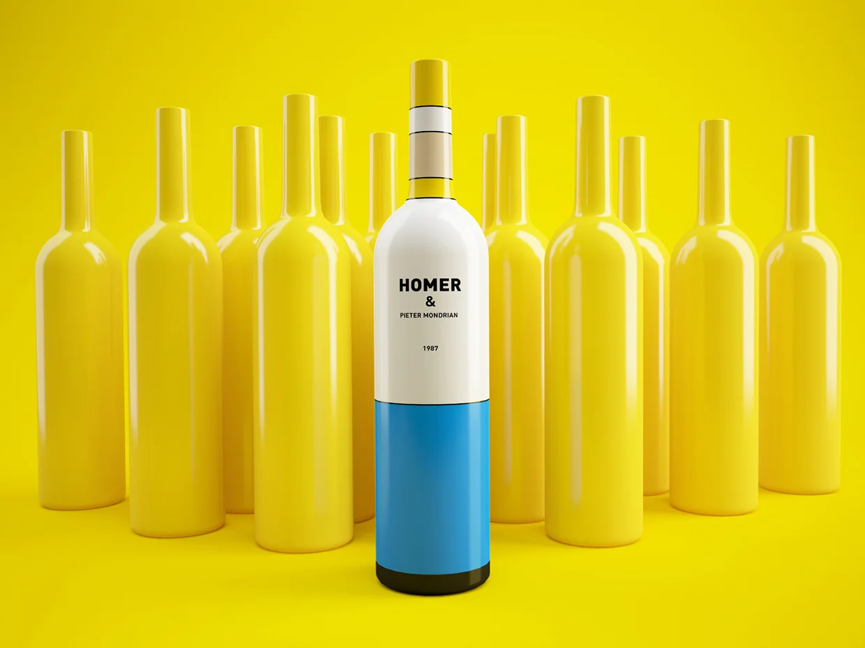  Homer Simpson and Pietre Mondrian inspired wine bottles designed by Constantin Bolimond 
