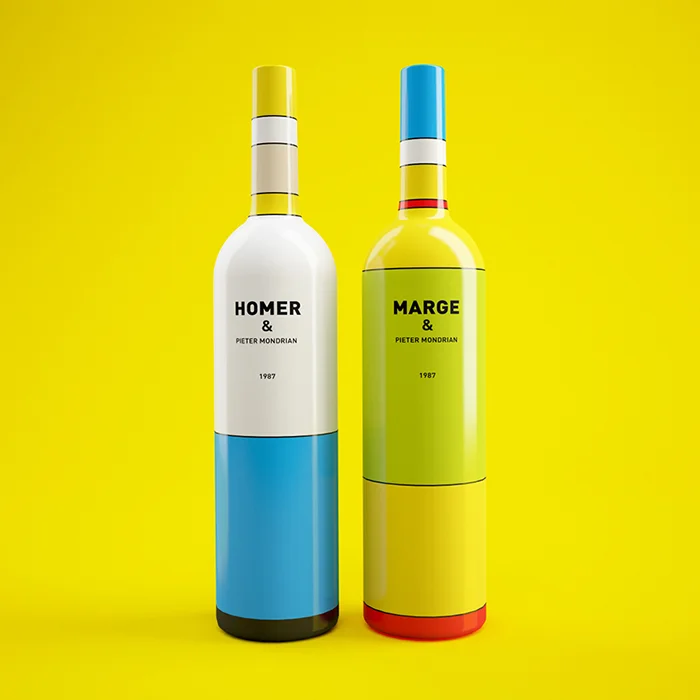 The Simpsons and  Pietre Mondrian Inspired Wine Bottles by Constantin Bolimond