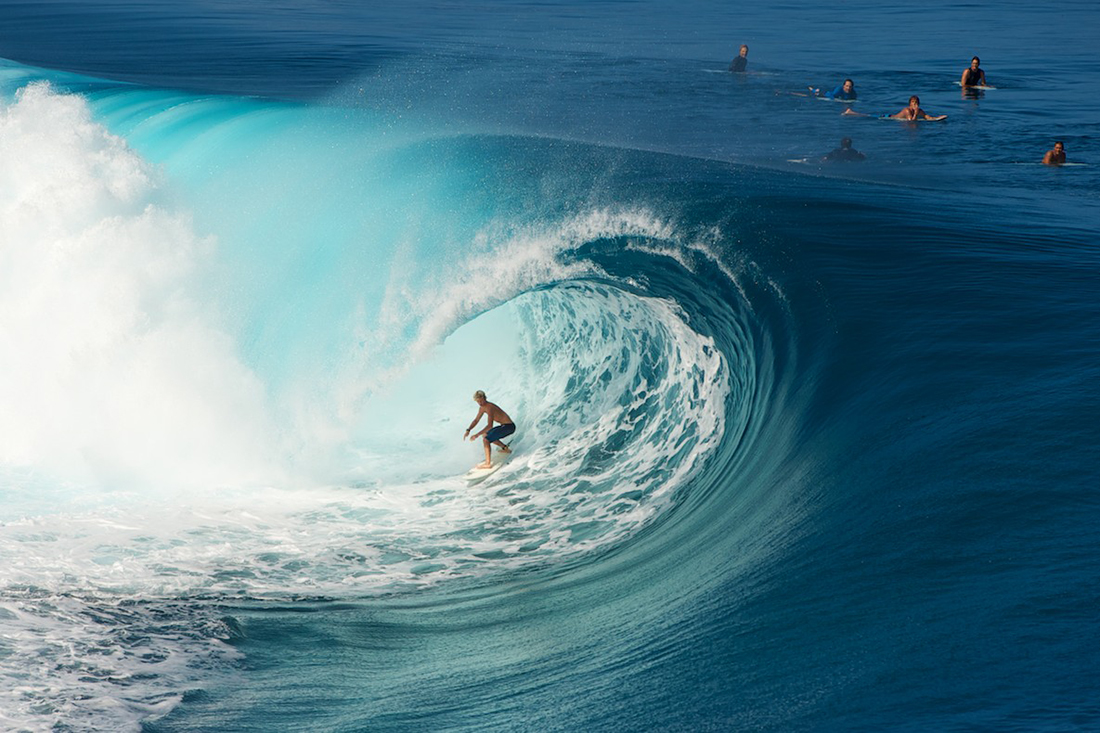  Surfing superwaves of Teahupo’o in Tahiti.&nbsp; 