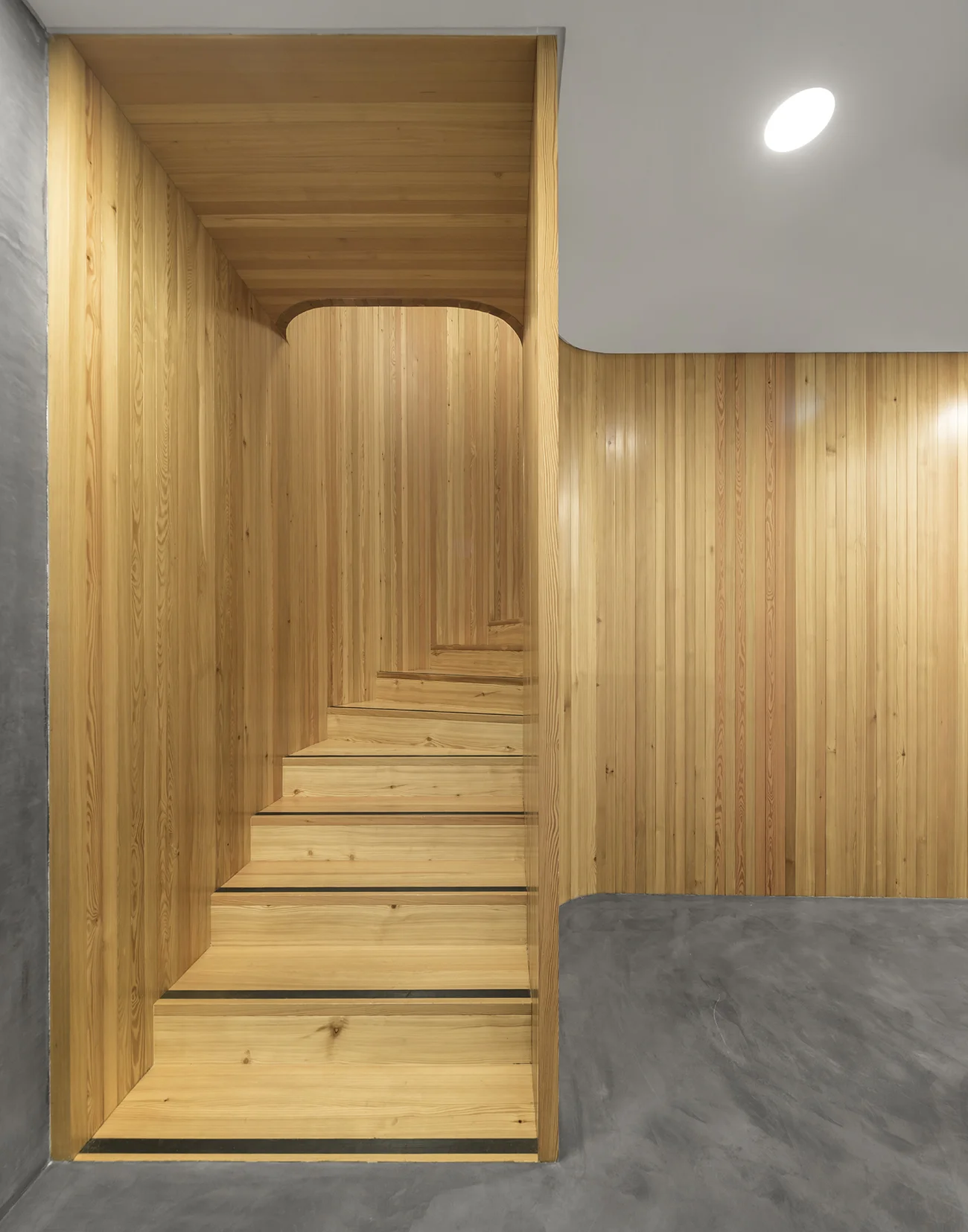 Wood stairs, glossy white walls mixed with textured concrete at DRDERM office by Atelier Central