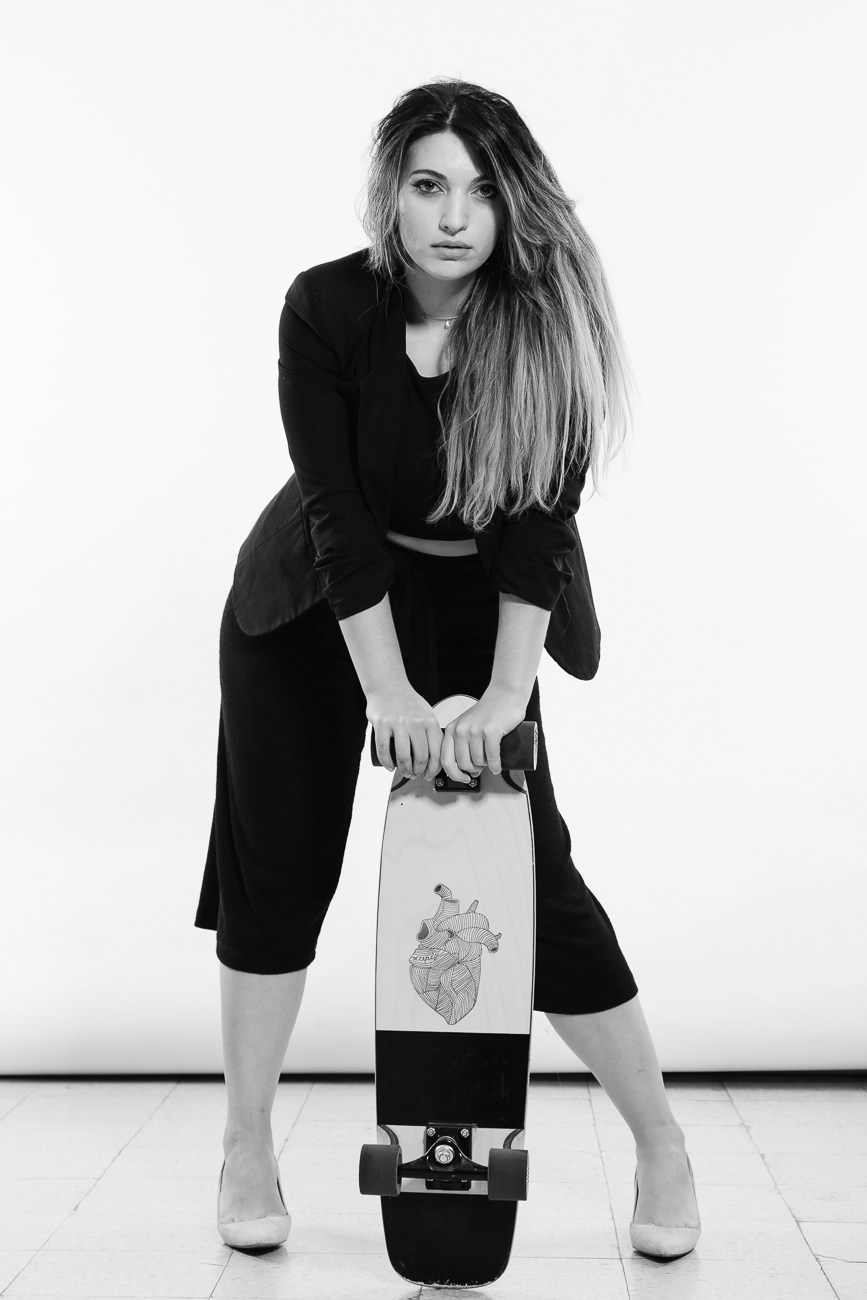 Gonçalo Barriga Photographer - Black White Studio Portrait - Girl With Skate