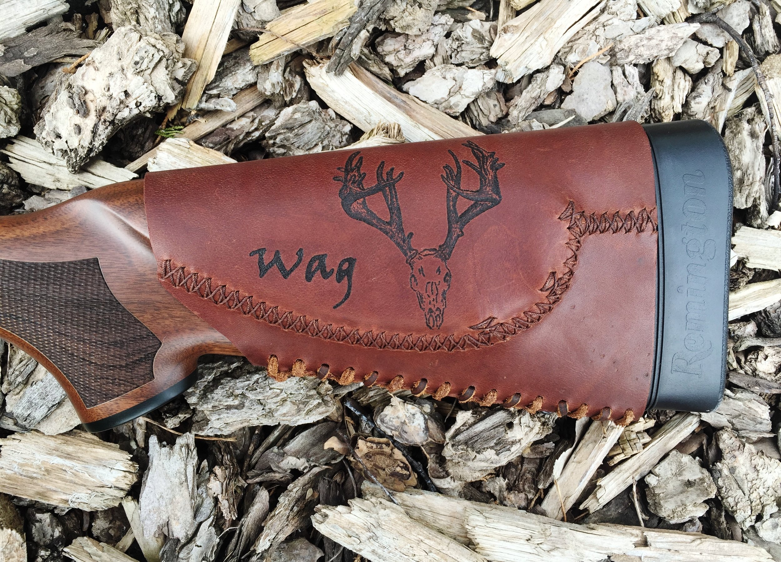 Circle M Brand - monte carlo style leather Buttstock Cuff with Pyrography european skull.JPG