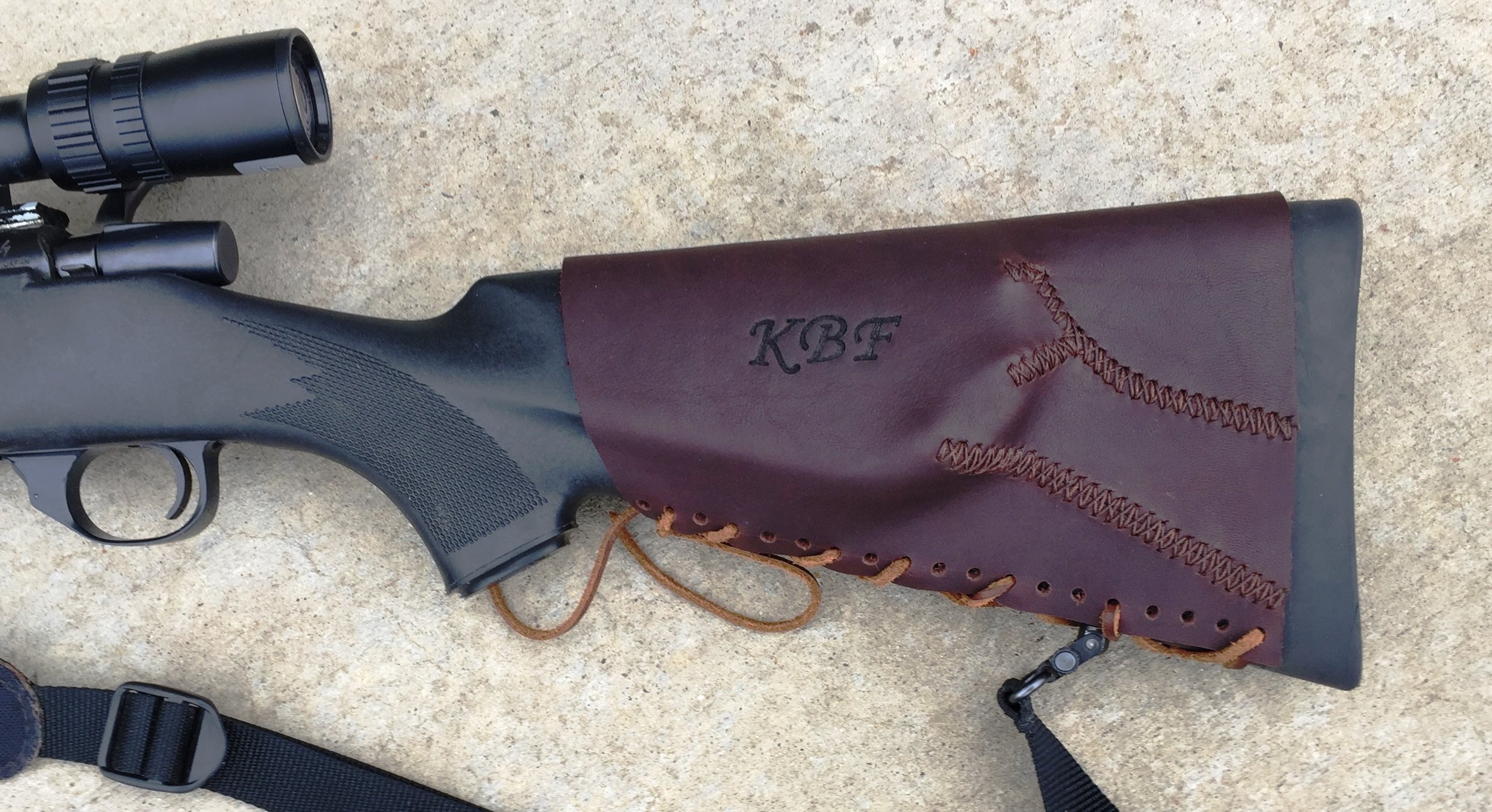 Circle M Brand - monte carlo style leather Buttstock Cuff with KBF initials Heat Engraved.JPG