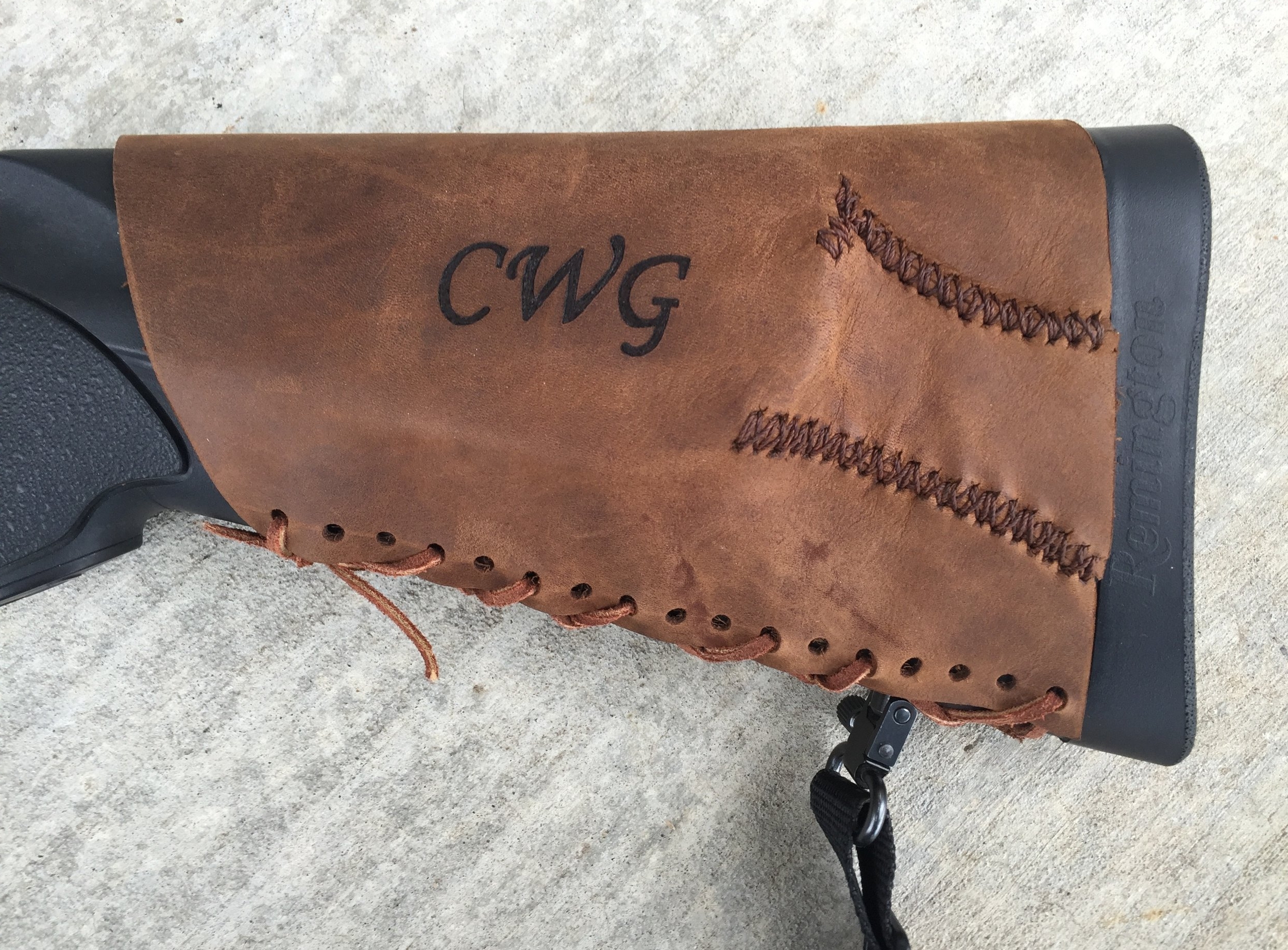 Circle M Brand - monte carlo style leather Buttstock Cuff with CWG initials Heat Engraved.JPG