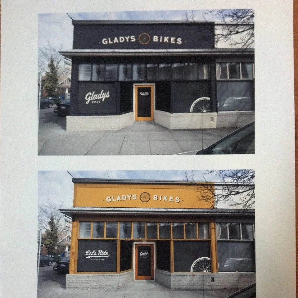Navy or Gold? Still trying to decide what color to paint our new storefront. Email your suggestions to hello@gladysbikes.com 