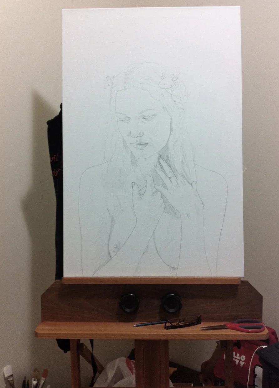 Sketching the final image on to strectched linen