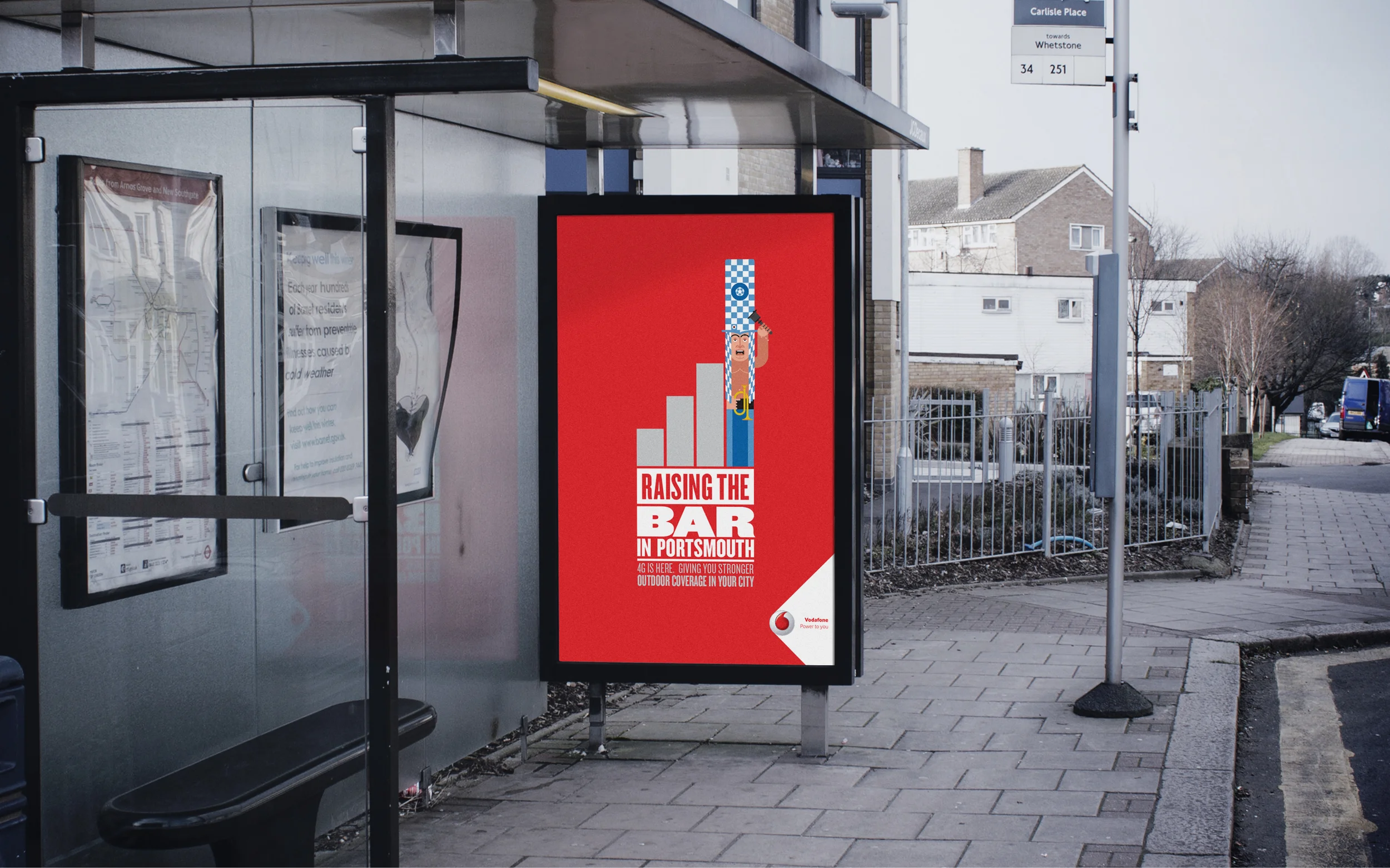  Vodafone - Raising The Bar   Art Direction, Design   This campaign celebrated the efforts of Vodafone to raise signal strength in the UK. Working with Paul Pateman as an illustrator we created custom illustrations that let certain areas and people k